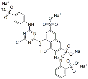 tetrasodium 5-[[4-chloro-6-[(4-sulphonatophenyl)amino]-1,3,5-triazin-2-yl]amino]-4-hydroxy-3-[(2-sulphonatophenyl)azo]naphthalene-2,7-disulphonate Struktur