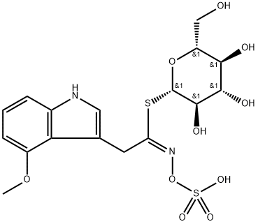 N-(スルホオキシ)-4-メトキシ-1H-インドール-3-アセトイミド酸O-(β-D-グルコピラノシルチオ) 化学構造式