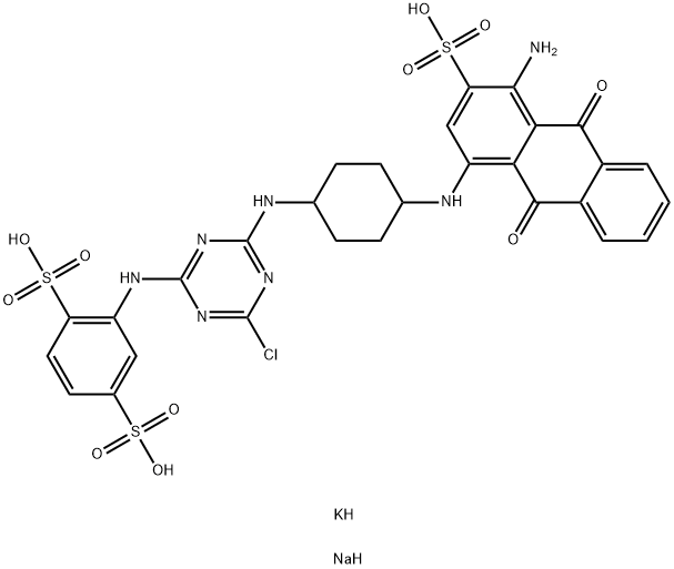 2-[[4-[[4-[(4-amino-9,10-dihydro-9,10-dioxo-3-sulpho-1-anthryl)amino]cyclohexyl]amino]-6-chloro-1,3,5-triazin-2-yl]amino]benzene-1,4-disulphonic acid, potassium sodium salt Structure