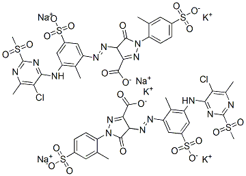4-[[3-[[5-chloro-6-methyl-2-(methylsulphonyl)-4-pyrimidinyl]amino]-2-methyl-5-sulphophenyl]azo]-4,5-dihydro-1-(2-methyl-4-sulphophenyl)-5-oxo-1H-pyrazole-3-carboxylic acid, potassium sodium salt Structure