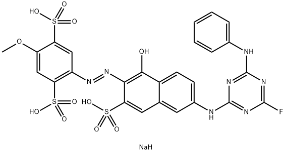 2-[[6-[[4-フルオロ-6-(フェニルアミノ)-1,3,5-トリアジン-2-イル]アミノ]-1-ヒドロキシ-3-スルホ-2-ナフタレニル]アゾ]-5-メトキシ-1,4-ベンゼンジスルホン酸/ナトリウム,(1:x) 化学構造式