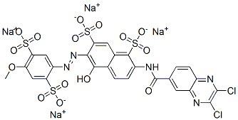 2-[[(2,3-ジクロロ-6-キノキサリニル)カルボニル]アミノ]-5-ヒドロキシ-6-[(4-メトキシ-2,5-ジスルホフェニル)アゾ]-1,7-ナフタレンジスルホン酸テトラナトリウム 化学構造式