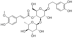 2-(3,4-ジヒドロキシフェニル)エチル4-O-(4-ヒドロキシ-3-メトキシシンナモイル)-3-O-(α-L-ラムノピラノシル)-β-D-グルコピラノシド 化学構造式