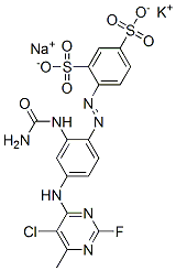 potassium sodium 4-[[2-[(aminocarbonyl)amino]-4-[(5-chloro-2-fluoro-6-methyl-4-pyrimidyl)amino]phenyl]azo]benzene-1,3-disulphonate 结构式