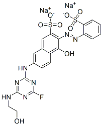 7-[[4-フルオロ-6-[(2-ヒドロキシエチル)アミノ]-1,3,5-トリアジン-2-イル]アミノ]-4-ヒドロキシ-3-[(2-スルホフェニル)アゾ]-2-ナフタレンスルホン酸/ナトリウム 化学構造式