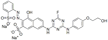 7-[[4-フルオロ-6-[[4-(2-ヒドロキシエトキシ)フェニル]アミノ]-1,3,5-トリアジン-2-イル]アミノ]-4-ヒドロキシ-3-[(2-スルホフェニル)アゾ]-2-ナフタレンスルホン酸/ナトリウム 化学構造式