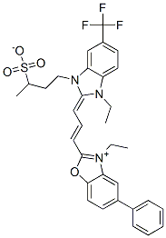 3-ethyl-2-[3-[1-ethyl-1,3-dihydro-3-(3-sulphonatobutyl)-5-(trifluoromethyl)-2H-benzimidazol-2-ylidene]prop-1-enyl]-5-phenylbenzoxazolium 结构式