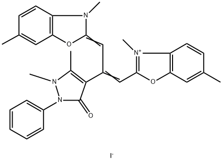 2-[2-(2,3-dihydro-1,5-dimethyl-3-oxo-2-phenyl-1H-pyrazol-4-yl)-3-(3,6-dimethyl-3H-benzoxazol-2-ylidene)prop-1-enyl]-3,6-dimethylbenzoxazolium iodide 结构式