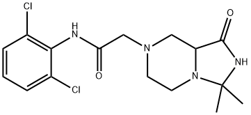 N-(2,6-ジクロロフェニル)-2,3,5,6,8,8a-ヘキサヒドロ-3,3-ジメチル-1-オキソイミダゾ[1,5-a]ピラジン-7(1H)-アセトアミド 化学構造式