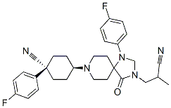 8-[4α-シアノ-4β-(4-フルオロフェニル)シクロヘキサン-1α-イル]-1-(4-フルオロフェニル)-α-メチル-4-オキソ-1,3,8-トリアザスピロ[4.5]デカン-3-プロパンニトリル 化学構造式