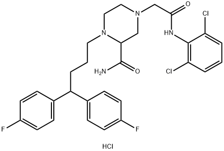 4-[4,4-bis(4-fluorophenyl)butyl]-3-carbamoyl-N-(2,6-dichlorophenyl)piperazine-1-acetamide dihydrochloride|化合物 MIOFLAZINE HYDROCHLORIDE ANHYDROUS