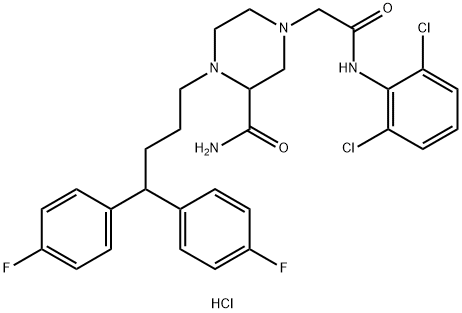 4-[4,4-bis(4-fluorophenyl)butyl]-3-carbamoyl-N-(2,6-dichlorophenyl)piperazine-1-acetamide dihydrochloride Struktur