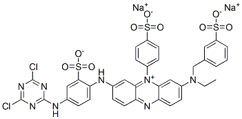 dihydrogen 3-[[4-[(4,6-dichloro-1,3,5-triazin-2-yl)amino]-2-sulphonatophenyl]amino]-7-[ethyl[(3-sulphonatophenyl)methyl]amino]-5-(4-sulphonatophenyl)phenazinium, disodium salt Structure