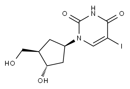 2,4(1H,3H)-Pyrimidinedione,1-[3-hydroxy-4-(hydroxymethyl)- cyclopentyl ]-5-iodo-, (1alpha,3beta,4alpha)-(+ -)- Struktur