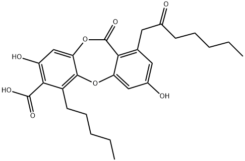3,8-ジヒドロキシ-11-オキソ-1-(2-オキソヘプチル)-6-ペンチル-11H-ジベンゾ[b,e][1,4]ジオキセピン-7-カルボン酸 化学構造式