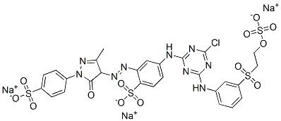 trisodium 4-[[4-chloro-6-[[3-[[2-(sulphonatooxy)ethyl]sulphonyl]phenyl]amino]-1,3,5-triazin-2-yl]amino]-2-[[4,5-dihydro-3-methyl-5-oxo-1-(4-sulphonatophenyl)-1H-pyrazol-4-yl]azo]benzenesulphonate ,84000-62-4,结构式