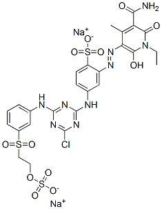disodium 2-[[5-carbamoyl-1-ethyl-1,6-dihydro-2-hydroxy-4-methyl-6-oxo-3-pyridyl]azo]-4-[[4-chloro-6-[[3-[[2-(sulphonatooxy)ethyl]sulphonyl]phenyl]amino]-1,3,5-triazin-2-yl]amino]benzenesulphonate Structure