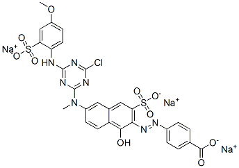 trisodium 4-[[6-[[4-chloro-6-[(4-methoxy-2-sulphonatophenyl)amino]-1,3,5-triazin-2-yl]methylamino]-1-hydroxy-3-sulphonato-2-naphthyl]azo]benzoate Structure