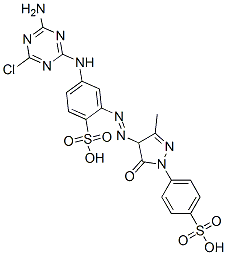 4-[(4-amino-6-chloro-1,3,5-triazin-2-yl)amino]-2-[[4,5-dihydro-3-methyl-5-oxo-1-(4-sulphophenyl)-1H-pyrazol-4-yl]azo]benzenesulphonic acid Struktur