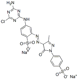 4-[(4-アミノ-6-クロロ-1,3,5-トリアジン-2-イル)アミノ]-2-[[[4,5-ジヒドロ-3-メチル-5-オキソ-1-[4-(ソジオスルホ)フェニル]-1H-ピラゾール]-4-イル]アゾ]ベンゼンスルホン酸ナトリウム 化学構造式