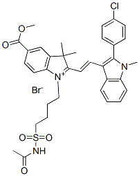 1-[4-[(acetylamino)sulphonyl]butyl]-2-[2-[2-(4-chlorophenyl)-1-methyl-1H-indol-3-yl]vinyl]-5-(methoxycarbonyl)-3,3-dimethyl-3H-indolium bromide Struktur