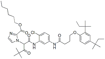 hexyl 1-[1-[[[5-[[4-[2,4-bis(tert-pentyl)phenoxy]-1-oxobutyl]amino]-2-chlorophenyl]amino]carbonyl]-3,3-dimethyl-2-oxobutyl]-1H-imidazolecarboxylate 结构式