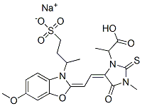 sodium alpha-methyl 5-[[6-methoxy-3-(4-sulphonato-2-butyl)benzoxazol-2(3H)-ylidene]ethylidene]-3-methyl-4-oxo-2-thioxoimidazolidin-1-ylacetate,84434-25-3,结构式