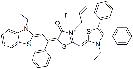 3-allyl-5-[2-(3-ethylbenzothiazol-2(3H)-ylidene)-1-phenylethylidene]-2-[(3-ethyl-4,5-diphenylthiazol-2(3H)-ylidene)methyl]-4-oxothiazolium iodide Structure
