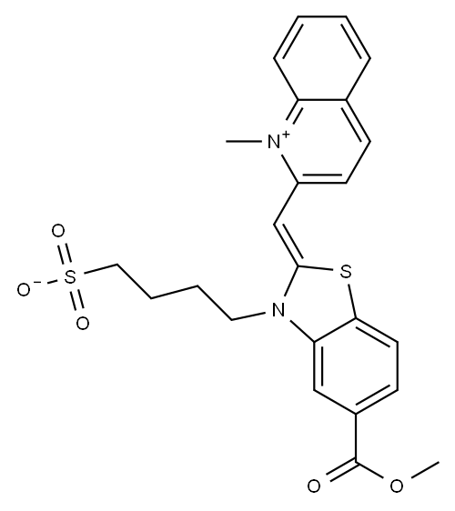 2-[[5-(methoxycarbonyl)-3-(4-sulphonatobutyl)-3H-benzothiazol-2-ylidene]methyl]-1-methylquinolinium Structure