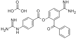 Benzoic acid, 4-((aminoiminomethyl)amino)-, 4-(aminoiminomethyl)-2-ben zoylphenyl ester, carbonate (1:1) 结构式