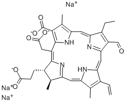 (2S,3S)-18-カルボキシ-20-(カルボキシメチル)-8-エテニル-13-エチル-12-ホルミル-2,3-ジヒドロ-3,7,17-トリメチル-21H,23H-ポルフィリン-2-プロピオン酸トリナトリウム 化学構造式