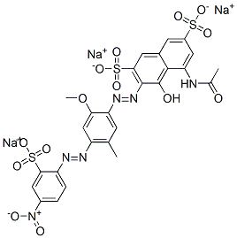trisodium 5-(acetylamino)-4-hydroxy-3-[[2-methoxy-5-methyl-4-[(4-nitro-2-sulphonatophenyl)azo]phenyl]azo]naphthalene-2,7-disulphonate Struktur
