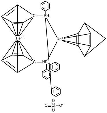 (BICYCLO[2.2.1]HEPTA-2,5-DIENE)[1,1'-BIS(DIPHENYLPHOSPHINO)-FERROCENE] RHODIUM(I) PERCHLORATE Struktur
