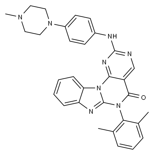 6-(2,6-二甲基苯基)-2-[[4-(4-甲基-1-哌嗪基)苯基]氨基]-嘧啶并[5',4':5,6]嘧啶并[1,2-A]苯并咪唑-5(6H)-酮,847950-09-8,结构式