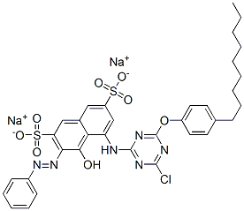 disodium 5-[[4-chloro-6-(4-nonylphenoxy)-1,3,5-triazin-2-yl]amino]-4-hydroxy-3-(phenylazo)naphthalene-2,7-disulphonate Struktur