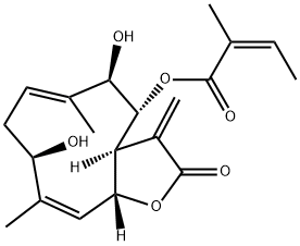(Z)-2-メチル-2-ブテン酸[[(3aS,4R,5R,6E,9R,10Z)-2,3,3aβ,4,5,8,9,11aα-オクタヒドロ-5,9-ジヒドロキシ-6,10-ジメチル-3-メチレン-2-オキソシクロデカ[b]フラン]-4-イル] 化学構造式