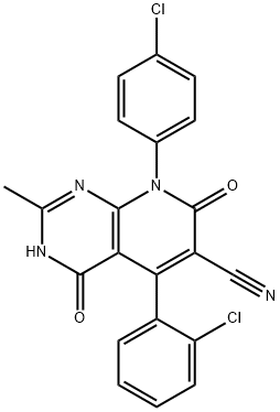 Pyrido[2,3-d]pyrimidine-6-carbonitrile,  5-(2-chlorophenyl)-8-(4-chlorophenyl)-1,4,7,8-tetrahydro-2-methyl-4,7-dioxo-  (9CI) Struktur