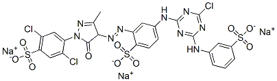 4-[[4-chloro-6-[(3-sulphophenyl)amino]-1,3,5-triazin-2-yl]amino]-2-[[1-(2,5-dichloro-4-sulphophenyl)-4,5-dihydro-3-methyl-5-oxo-1H-pyrazol-4-yl]azo]benzenesulphonic acid, sodium salt 结构式
