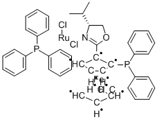 (R)‐2‐[(R)‐2‐(ジフェニルホスフィノ)フェロセニル]‐4‐イソプロピル‐2‐オキサゾリントリフェニルホスフィンルテニウム(II)クロリド錯体 化学構造式