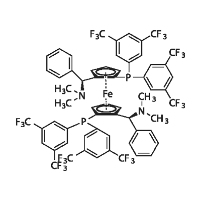 (1S,1'S)-1,1'-BIS[BIS[3,5-BIS(TRIFLUOROMETHYL)PHENYL]PHOSPHINO]-2,2'-BIS[(S)-(DIMETHYLAMINO)PHENYLMETHYL]FERROCENE 结构式