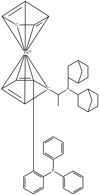 (R)-1-{(RP)-2-[2-(二苯基膦)苯基]二茂铁基}乙基二(2-冰片基)膦 结构式