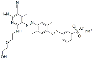 sodium m-[[4-[[6-amino-5-cyano-2-[[2-(2-hydroxyethoxy)ethyl]amino]-4-methyl-3-pyridyl]azo]-2,5-xylyl]azo]benzenesulphonate Struktur