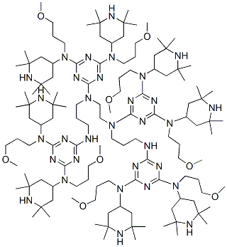 1,3,5-Triazine-2,4,6-triamine, N,N'''-1,2-ethanediylbis[N-[3-[[4,6-bis[(3-methoxypropyl)(2,2,6,6-tetramethyl-4-piperidinyl)amino]-1,3,5-triazin-2-yl]amino]propyl]-N',N''-bis(3-methoxypropyl)-N',N''-bis(2,2,6,6-tetramethyl-4-piperidinyl)- Structure