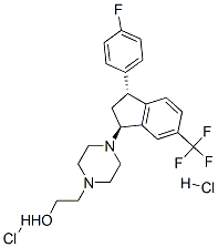 trans-4-[3-(4-fluorophenyl)-2,3-dihydro-6-(trifluoromethyl)-1H-inden-1-yl]piperazine-1-ethanol dihydrochloride 结构式