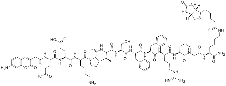 (7-AMINO-4-METHYLCOUMARIN-3-YL)ACETYL-GLU-GLU-LYS-PRO-ILE-SER-PHE-PHE-ARG-LEU-GLY-LYS(BIOTINYL)-NH2 Structure
