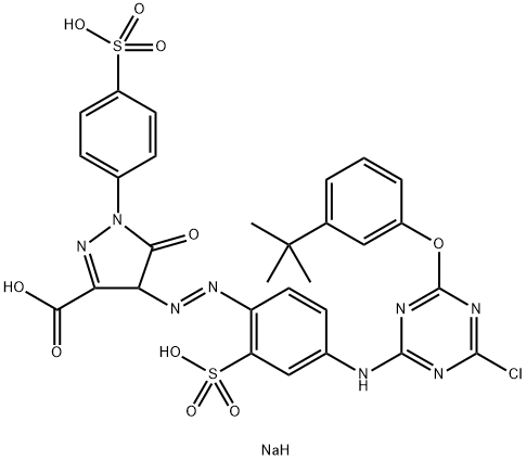 trisodium 4-[[4-[[6-(3-tert-butylphenoxy)- 4-chloro-1,3,5-triazin-2-yl]amino]-2-sulphonatophenyl]azo]-4,5-dihydro-5-oxo-1-(4-sulphonatophenyl)-1H-pyrazole-3-carboxylate 结构式