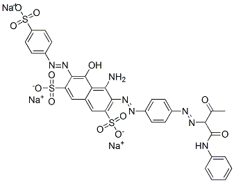 trisodium 4-amino-5-hydroxy-3-[[4-[[2-oxo-1-[(phenylamino)carbonyl]propyl]azo]phenyl]azo]-6-[(4-sulphonatophenyl)azo]naphthalene-2,7-disulphonate Struktur