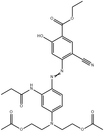 4-[[4-[ビス(2-アセトキシエチル)アミノ]-2-[(1-オキソプロピル)アミノ]フェニル]アゾ]-5-シアノ-2-ヒドロキシ安息香酸エチル 化学構造式