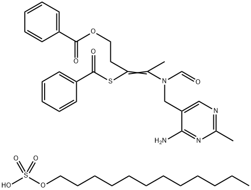 S-[2-[[(4-amino-2-methyl-5-pyrimidinyl)methyl]formamido]-1-[2-(benzoyloxy)ethyl]prop-1-enyl] thiobenzoate, mono(dodecyl sulphate) Struktur