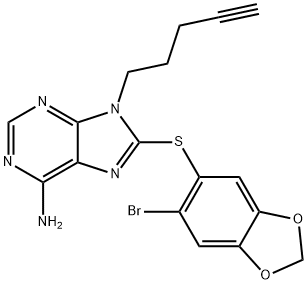 8-((6-溴苯并[D][1,3]二氧代-5-基)硫代)-9-(4-戊炔-1-基)-9H-嘌呤-6-胺, 852030-47-8, 结构式
